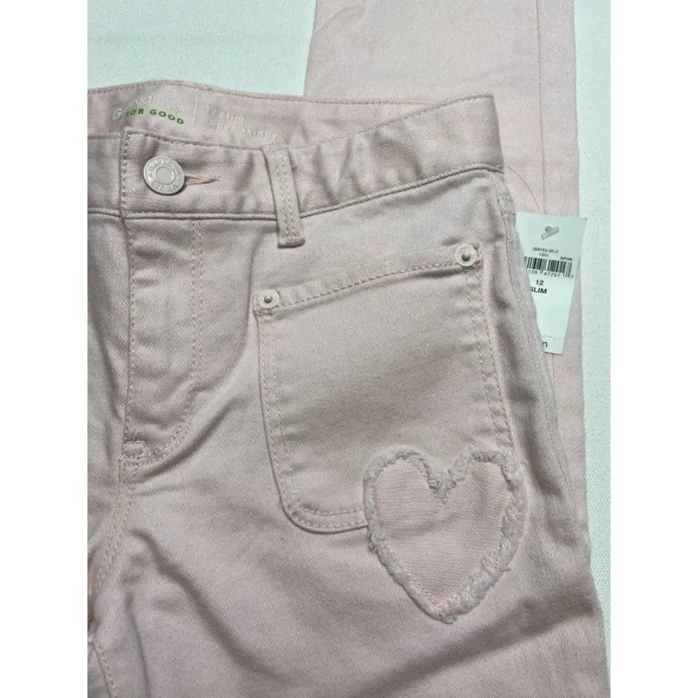 Girls Light Pink Denin Jeans Hearts Adjustable Waist‎ Super Skinny 12 Slim NEW